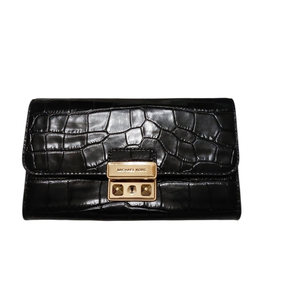 Michael Kors Tribeca Black Croc-Embossed Wristlet with Gold Accents